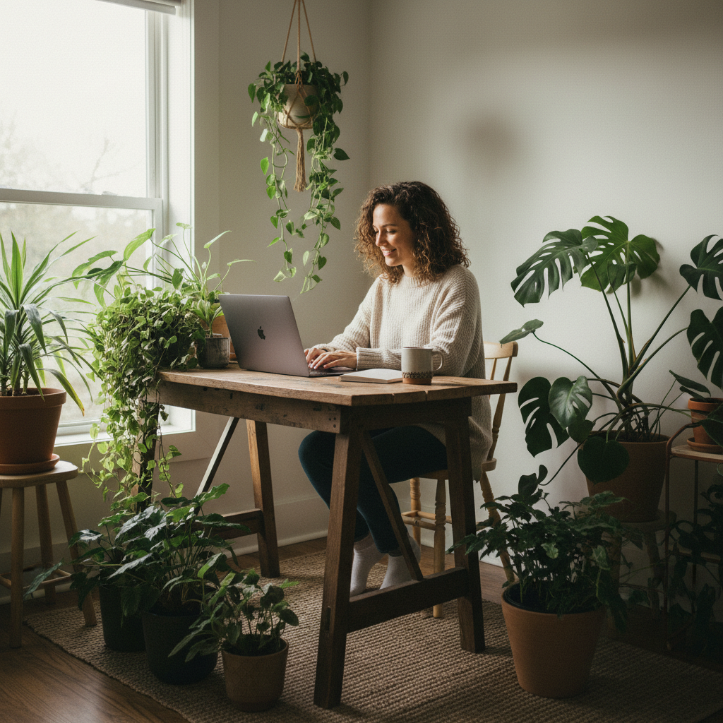 Một người trẻ đang làm việc từ xa trong không gian thoải mái biểu tượng cho sự linh hoạt của mô hình làm việc này