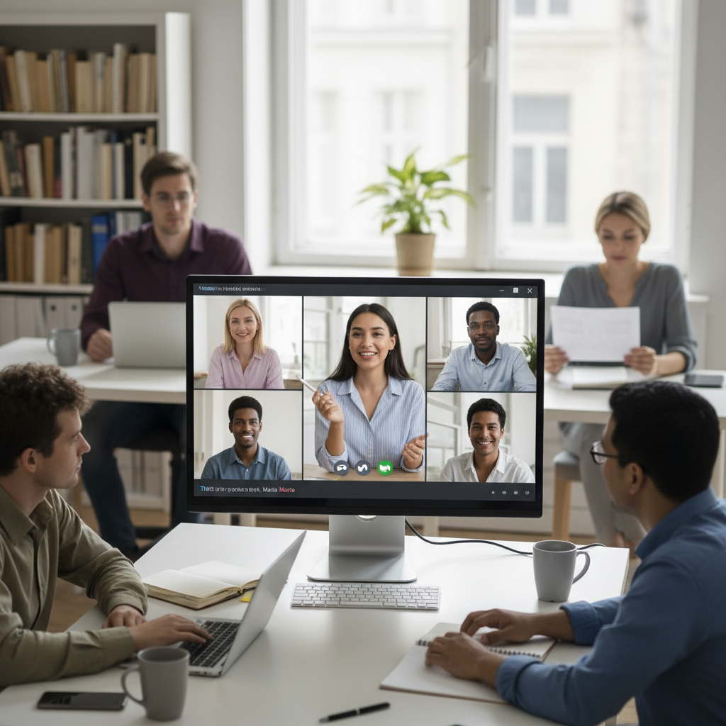 Một nhóm đồng nghiệp đang giao tiếp hiệu quả qua cuộc gọi video thể hiện sự kết nối phối hợp và minh bạch trong môi trường làm việc từ xa